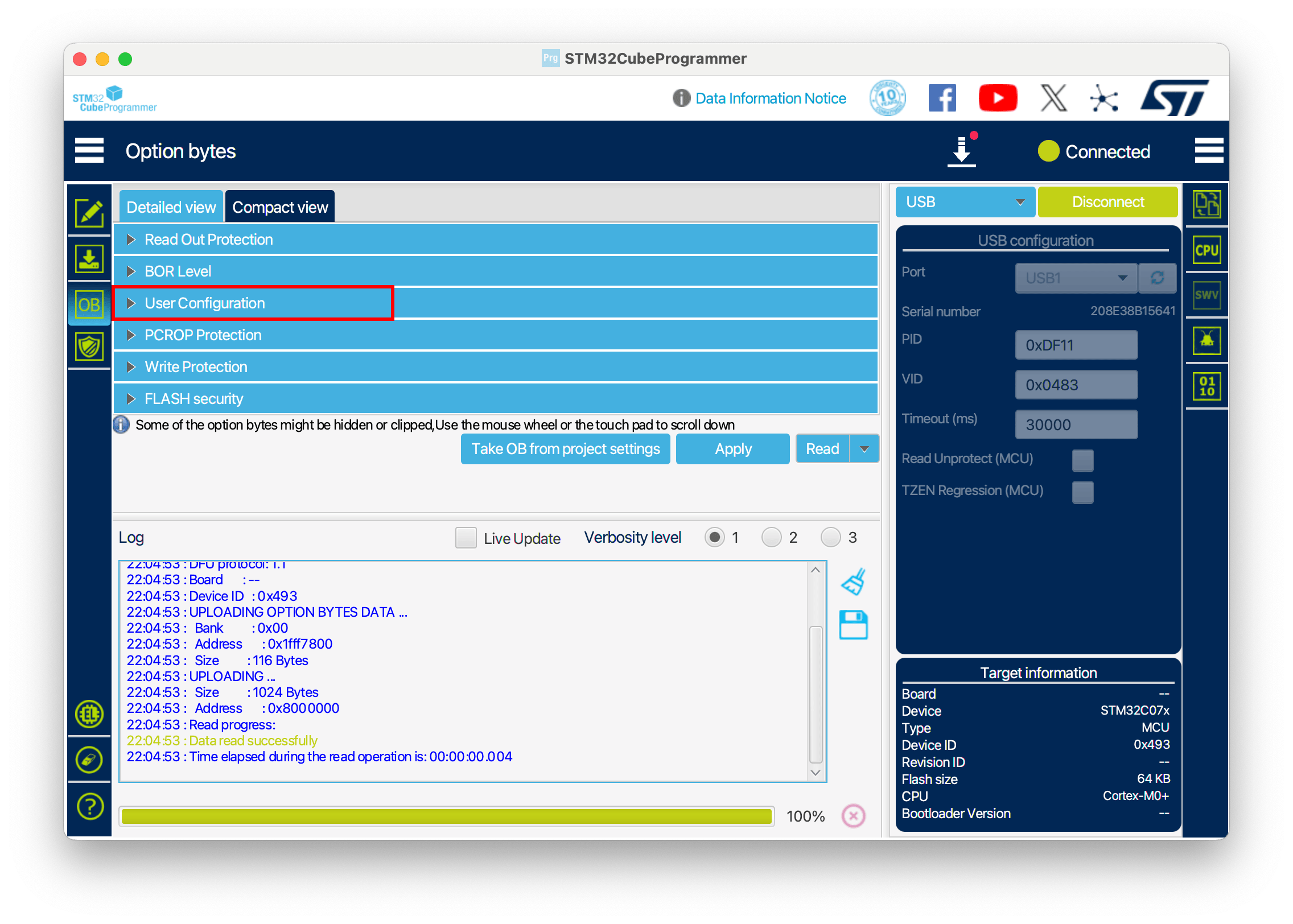 STM32CubeProgrammer Option Bytes Screen