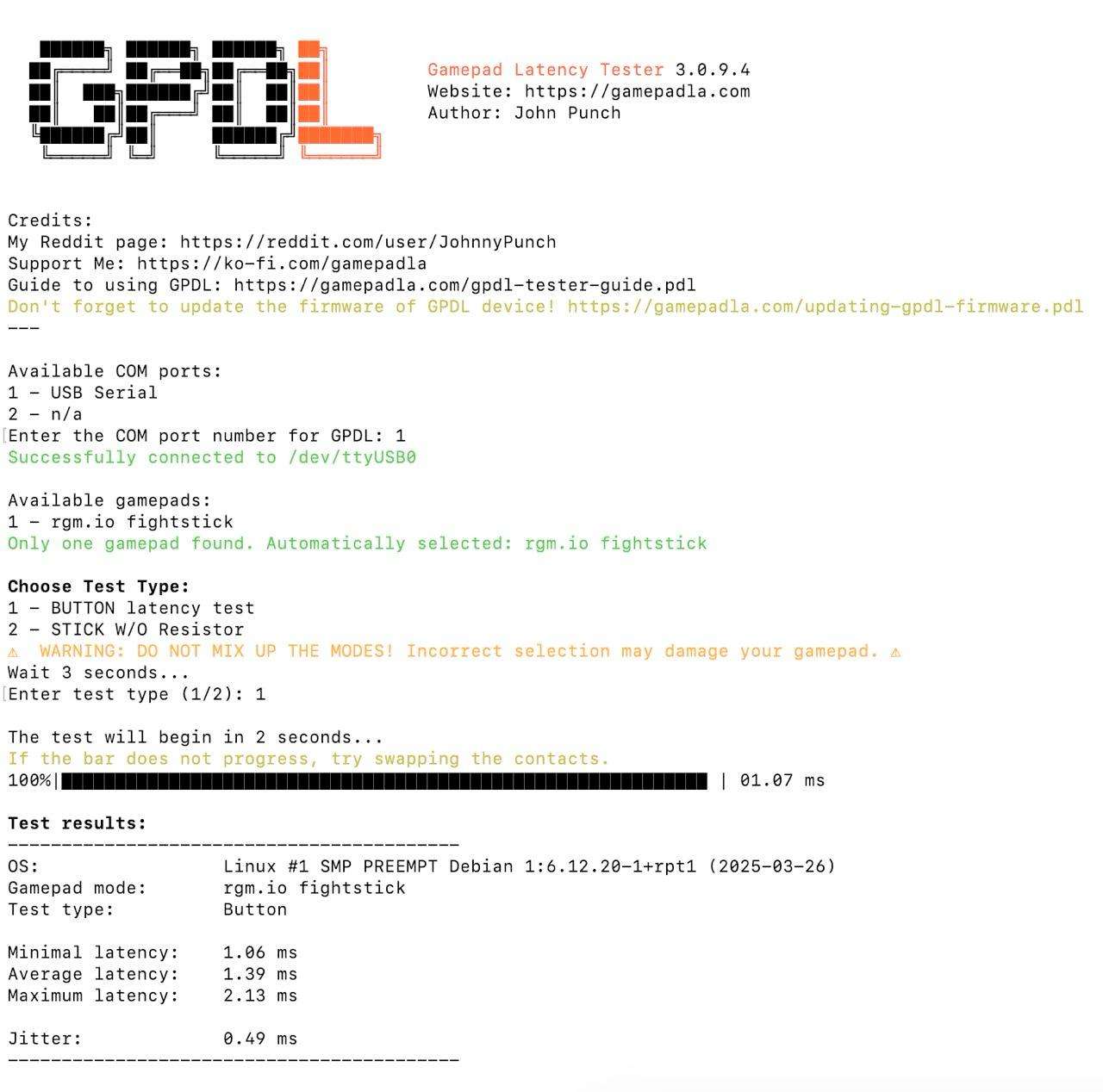 Gamepad Latency Tester results